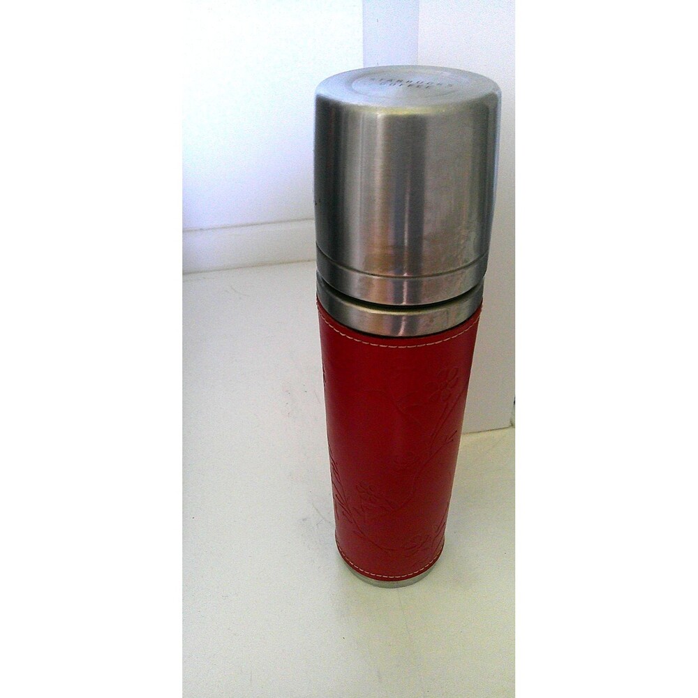 Starbucks 2004 Vtg Coffee Thermos Travel Red Floral Leather Cover Stainless